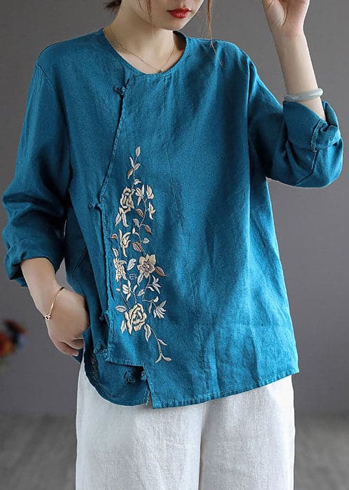 Blue Loose Linen Shirt Tops Embroideried Long Sleeve GK-LTP220301