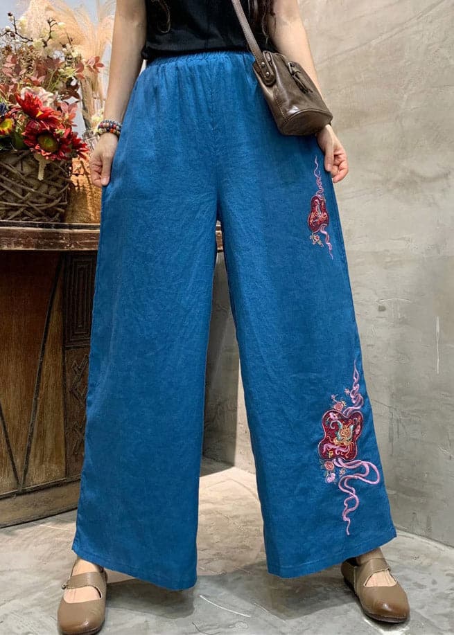 Blue Loose Linen Wide Leg Pants elastic waist Summer GK-LPTS220328