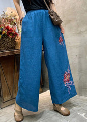 Blue Loose Linen Wide Leg Pants elastic waist Summer GK-LPTS220328