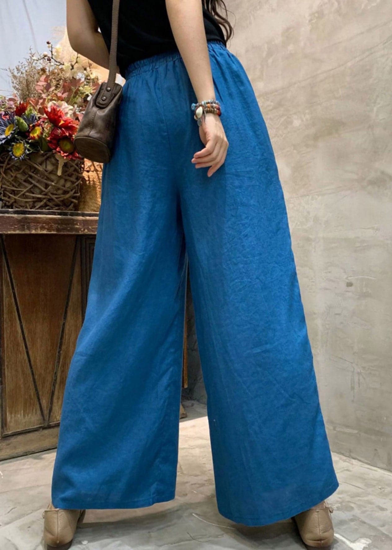 Blue Loose Linen Wide Leg Pants elastic waist Summer GK-LPTS220328