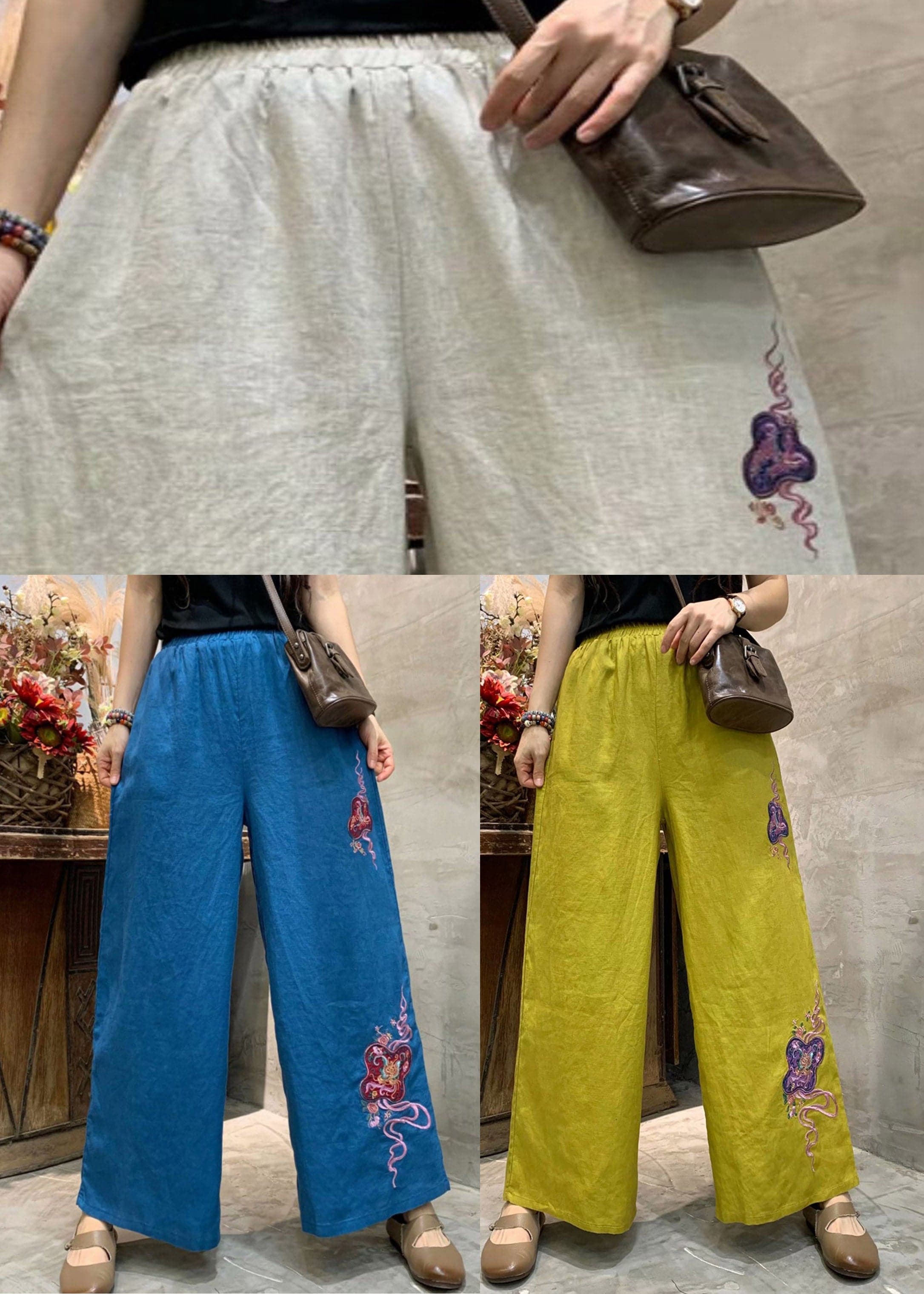 Blue Loose Linen Wide Leg Pants elastic waist Summer GK-LPTS220328