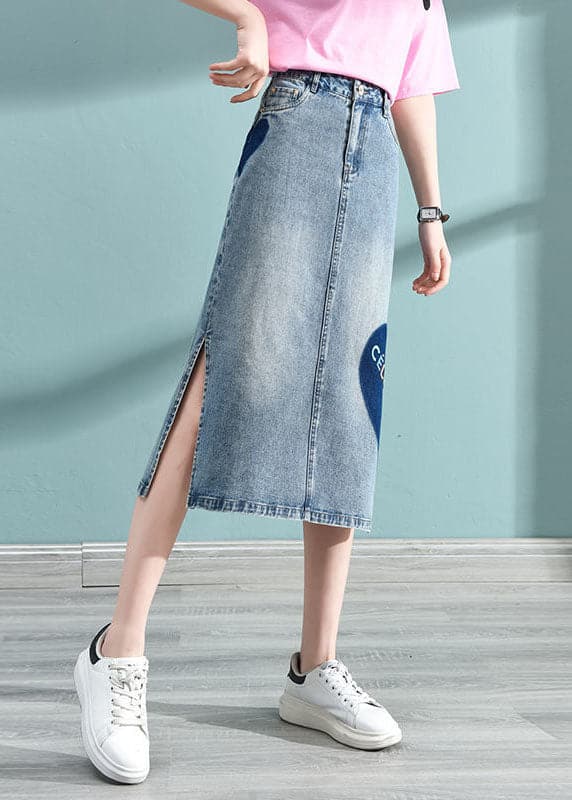 Blue Love Printing Wrap Cotton Denim Skirt High Waist Pockets Summer nz-SKTS220519