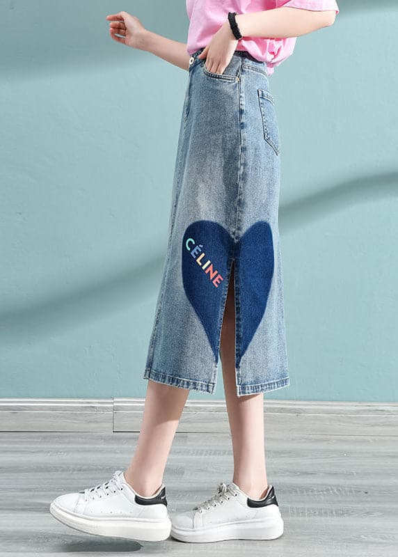 Blue Love Printing Wrap Cotton Denim Skirt High Waist Pockets Summer nz-SKTS220519