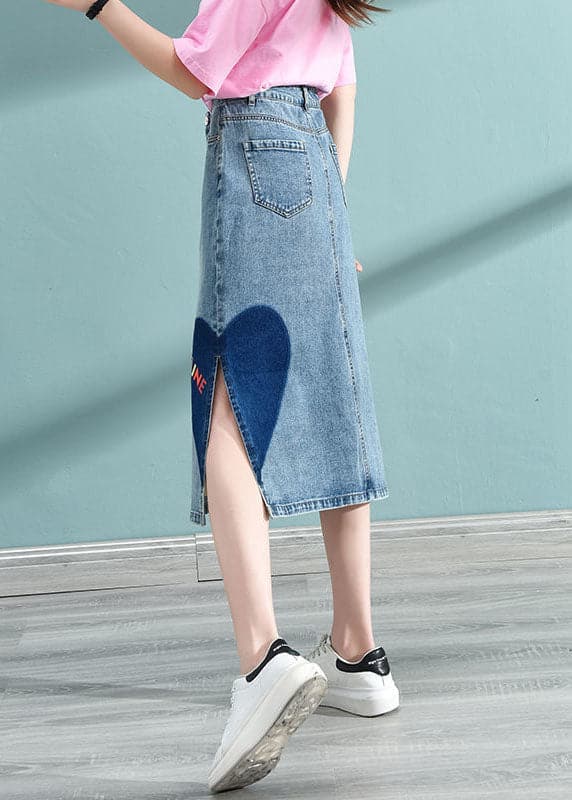 Blue Love Printing Wrap Cotton Denim Skirt High Waist Pockets Summer nz-SKTS220519