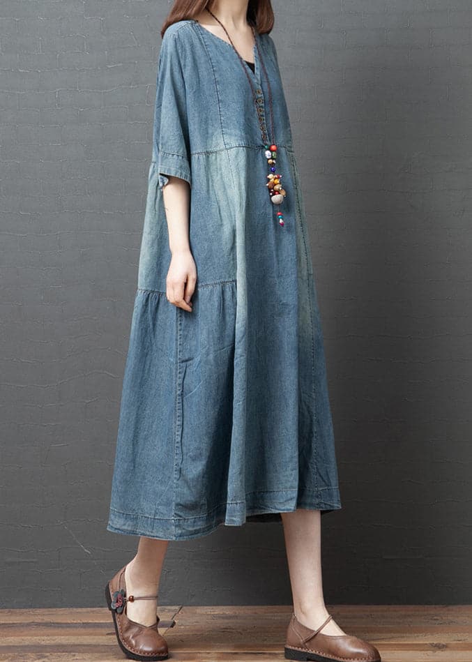 Blue Solid Patchwork Cotton Denim Dresses Button Half Sleeve GK-SDL220418