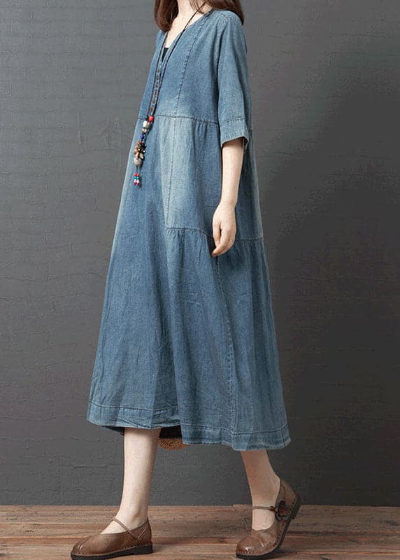 Blue Solid Patchwork Cotton Denim Dresses Button Half Sleeve GK-SDL220418