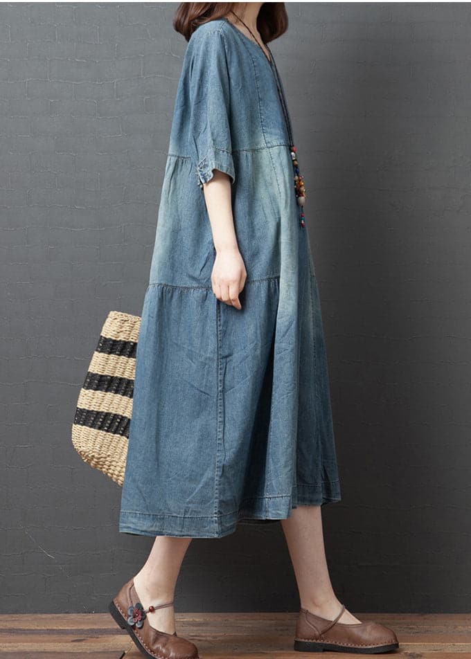 Blue Solid Patchwork Cotton Denim Dresses Button Half Sleeve GK-SDL220418