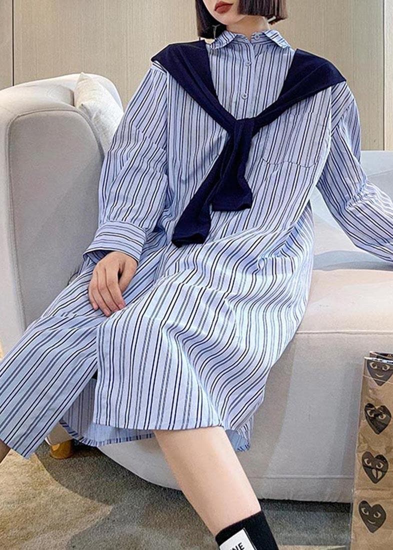 Blue Stripe Long Patchwork Cape Design Loose Shirt Skirt AT-SDL210417