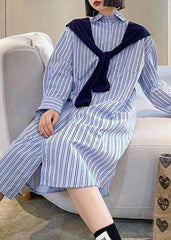 Blue Stripe Long Patchwork Cape Design Loose Shirt Skirt AT-SDL210417