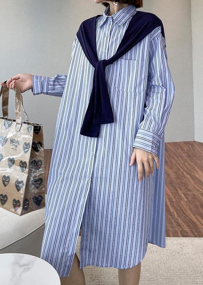 Blue Stripe Long Patchwork Cape Design Loose Shirt Skirt AT-SDL210417