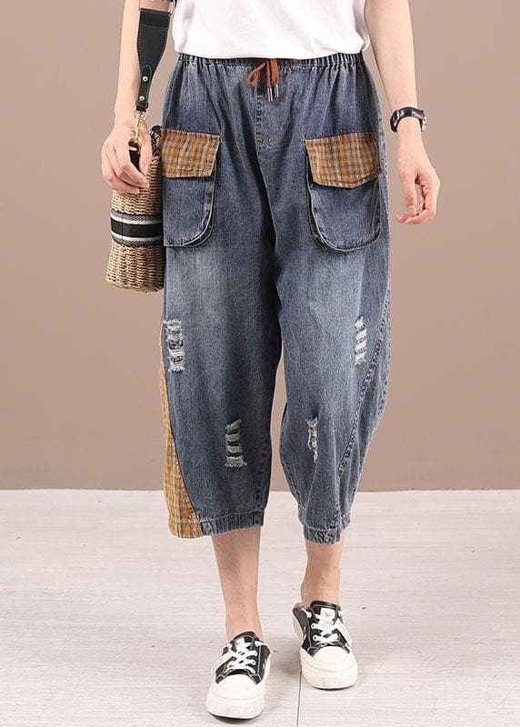 Bohemian Blue High Waist Pockets Summer Denim Pants 210722