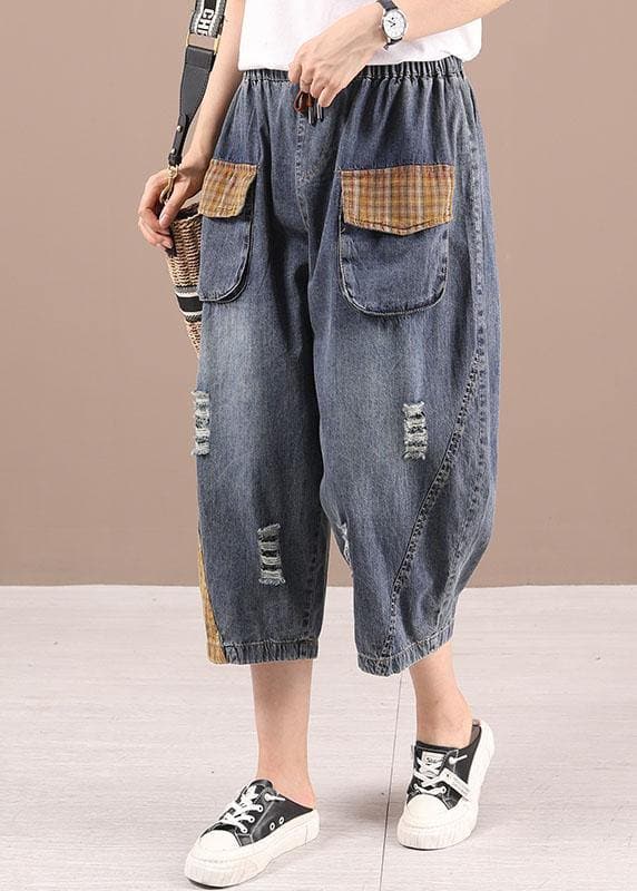 Bohemian Blue High Waist Pockets Summer Denim Pants 210722