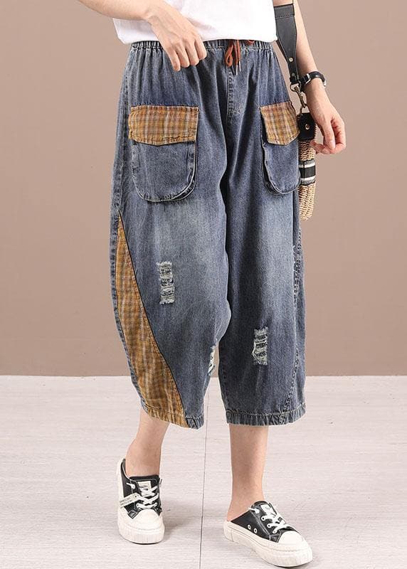 Bohemian Blue High Waist Pockets Summer Denim Pants 210722