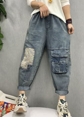 Bohemian Blue elastic waist patch applique denim Pants Spring NZ-LPTS220105