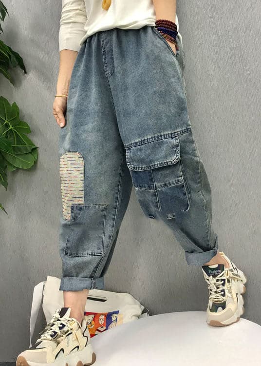 Bohemian Blue elastic waist patch applique denim Pants Spring NZ-LPTS220105