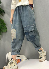 Bohemian Blue elastic waist patch applique denim Pants Spring NZ-LPTS220105