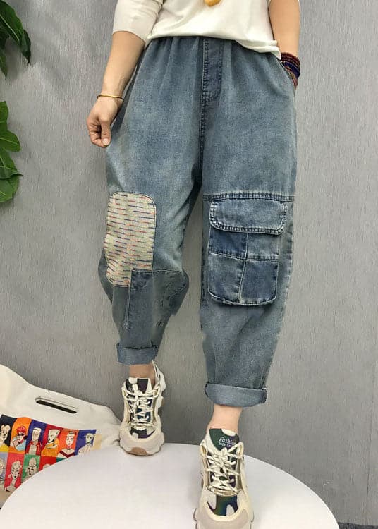 Bohemian Blue elastic waist patch applique denim Pants Spring NZ-LPTS220105