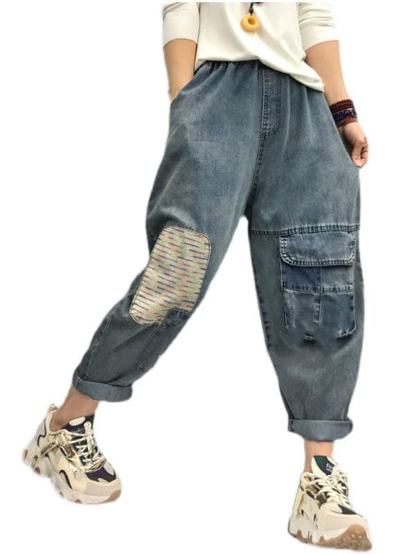 Bohemian Blue elastic waist patch applique denim Pants Spring NZ-LPTS220105