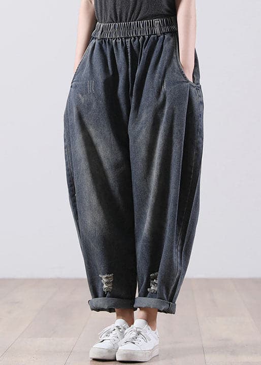 Bohemian Denim Blue Elastic Waist Pockets Cotton Harem Pants Fall WG-LPTS220714