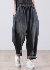 Bohemian Denim Blue Elastic Waist Pockets Cotton Harem Pants Fall WG-LPTS220714