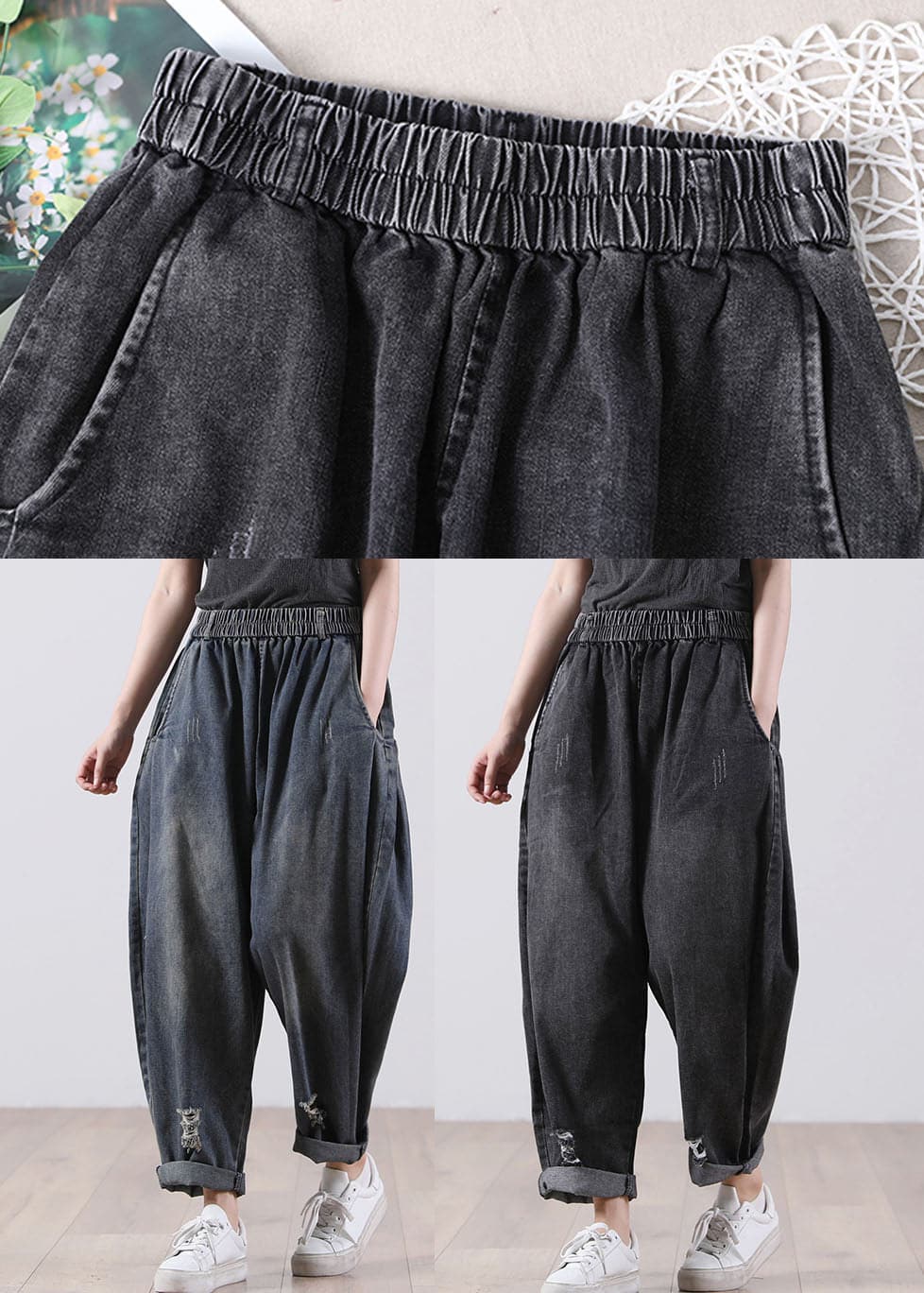 Bohemian Denim Blue Elastic Waist Pockets Cotton Harem Pants Fall WG-LPTS220714