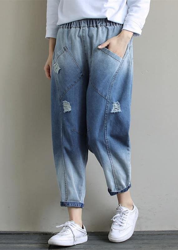 Bohemian Denim Light Blue Trousers Oversize Spring Elastic Waist Hole Work Pant SKTS210115