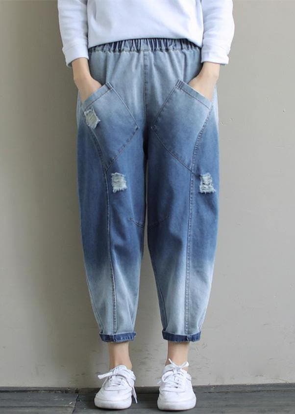 Bohemian Denim Light Blue Trousers Oversize Spring Elastic Waist Hole Work Pant SKTS210115