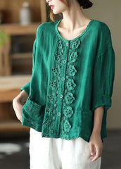 Bohemian Green Retro O-Neck Button Fall Shirt Tops Long Sleeve GK-LTP210810