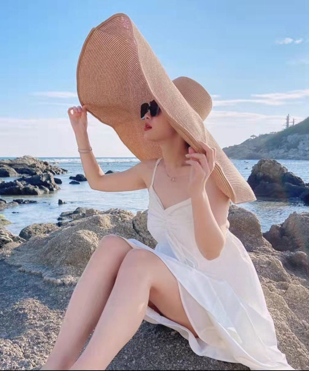 Bohemian Khaki Oversize Brim Solid Knit Beach Floppy Sun Hat dylinoshop