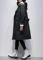 Bohemian Notched tie waist Fine trench coat black Knee coats TCT201207