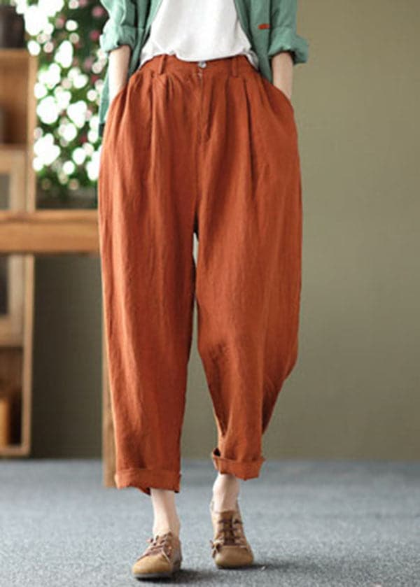 Bohemian Orange High Waist Pockets Original Design Linen Harem Pants Summer GK-LPTS220516