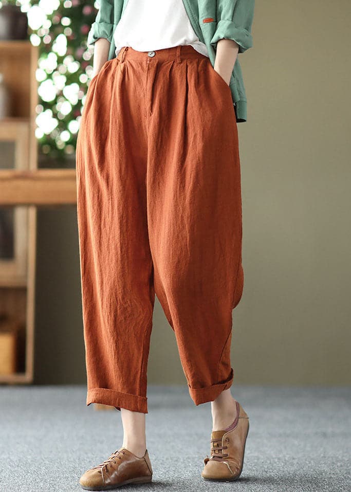 Bohemian Orange High Waist Pockets Original Design Linen Harem Pants Summer GK-LPTS220516