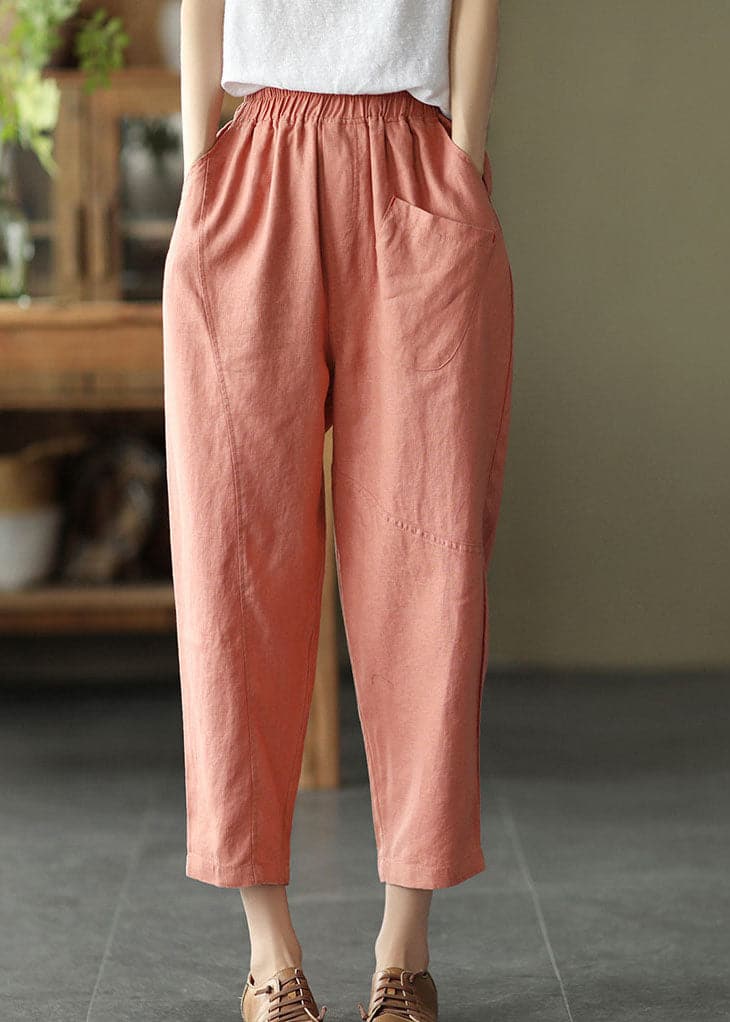 Bohemian Pink Elastic Waist Pockets Linen Crop Pants Summer GK-CPTS220804