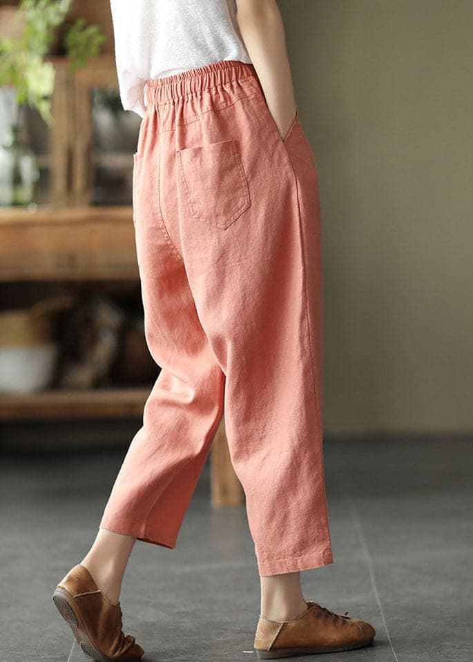 Bohemian Pink Elastic Waist Pockets Linen Crop Pants Summer GK-CPTS220804