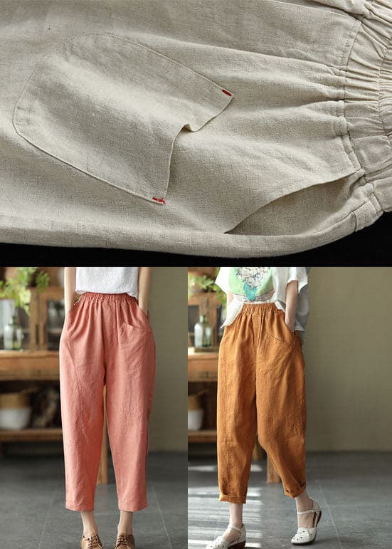 Bohemian Pink Elastic Waist Pockets Linen Crop Pants Summer GK-CPTS220804