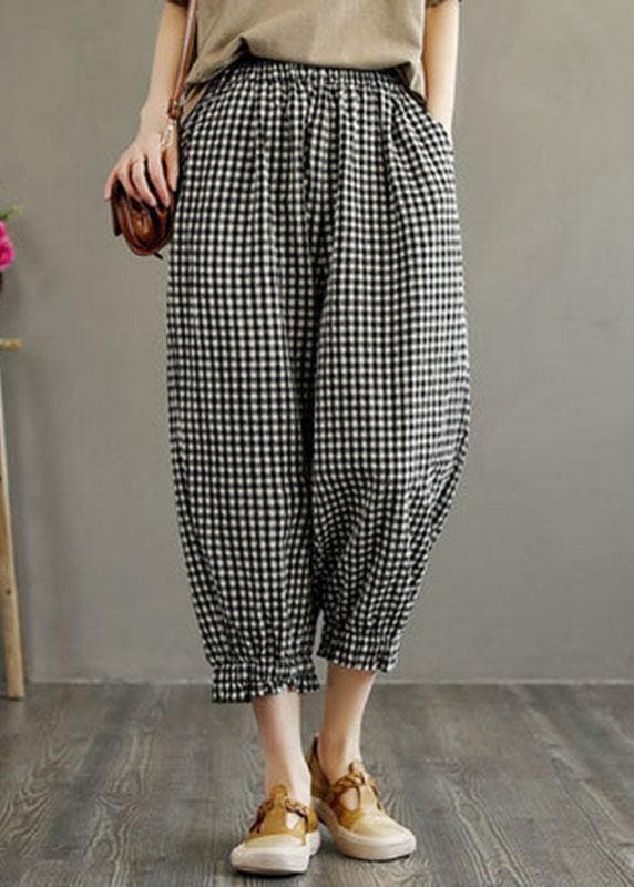 Bohemian Plaid Elastic Waist Pockets Harem Pants Linen GK-LPTS210720