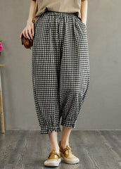 Bohemian Plaid Elastic Waist Pockets Harem Pants Linen GK-LPTS210720