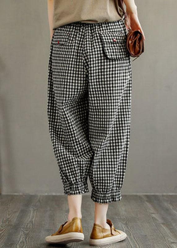 Bohemian Plaid Elastic Waist Pockets Harem Pants Linen GK-LPTS210720