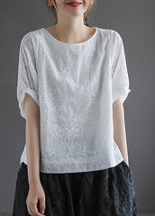 Bohemian White O-Neck Hollow Out Summer Retro Half Sleeve Top GK-HTP210810