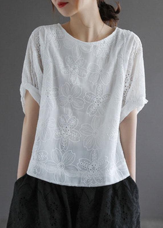 Bohemian White O-Neck Hollow Out Summer Retro Half Sleeve Top GK-HTP210810