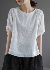 Bohemian White O-Neck Hollow Out Summer Retro Half Sleeve Top GK-HTP210810