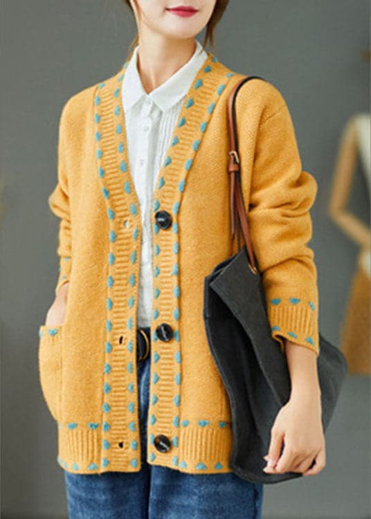 Bohemian Yellow Loose Button Pockets Fall Knit Sweater Coat GK-NCT211015