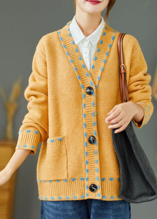 Bohemian Yellow Loose Button Pockets Fall Knit Sweater Coat GK-NCT211015