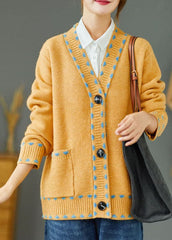 Bohemian Yellow Loose Button Pockets Fall Knit Sweater Coat GK-NCT211015