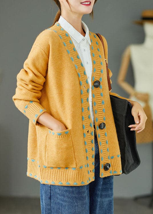 Bohemian Yellow Loose Button Pockets Fall Knit Sweater Coat GK-NCT211015