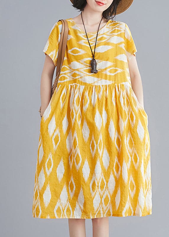 Bohemian Yellow O-Neck Wrinkled Print Cotton Beach Dresses Short Sleeve GK-SDL220418