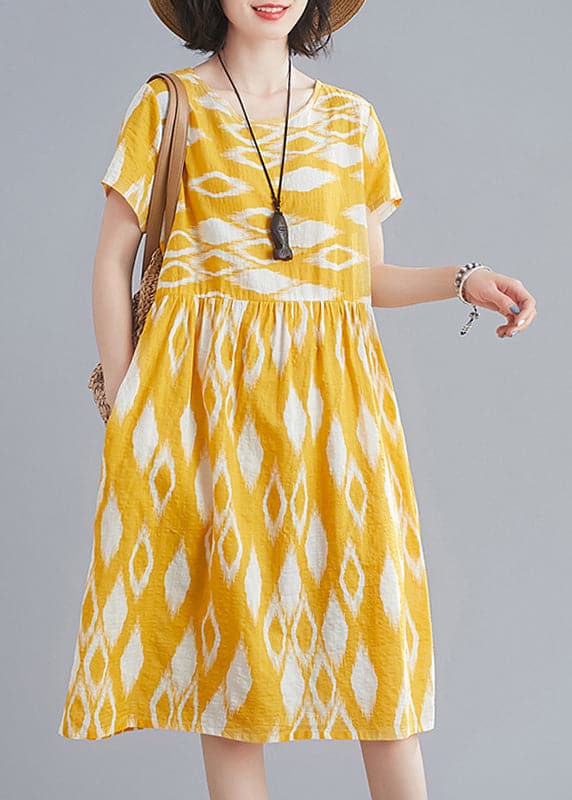 Bohemian Yellow O-Neck Wrinkled Print Cotton Beach Dresses Short Sleeve GK-SDL220418