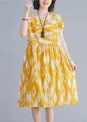 Bohemian Yellow O-Neck Wrinkled Print Cotton Beach Dresses Short Sleeve GK-SDL220418