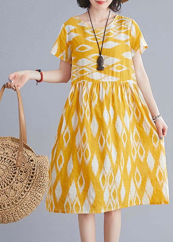 Bohemian Yellow O-Neck Wrinkled Print Cotton Beach Dresses Short Sleeve GK-SDL220418