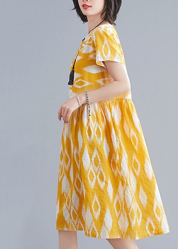 Bohemian Yellow O-Neck Wrinkled Print Cotton Beach Dresses Short Sleeve GK-SDL220418